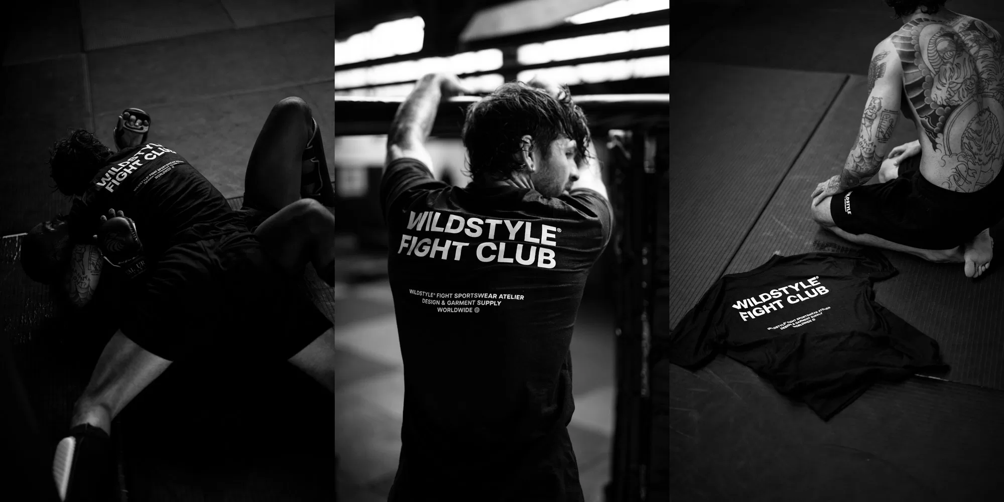 group of black and white photography of MMA fighter training in dark room in the cage and on the matts by Bristol photographer Paris Penny